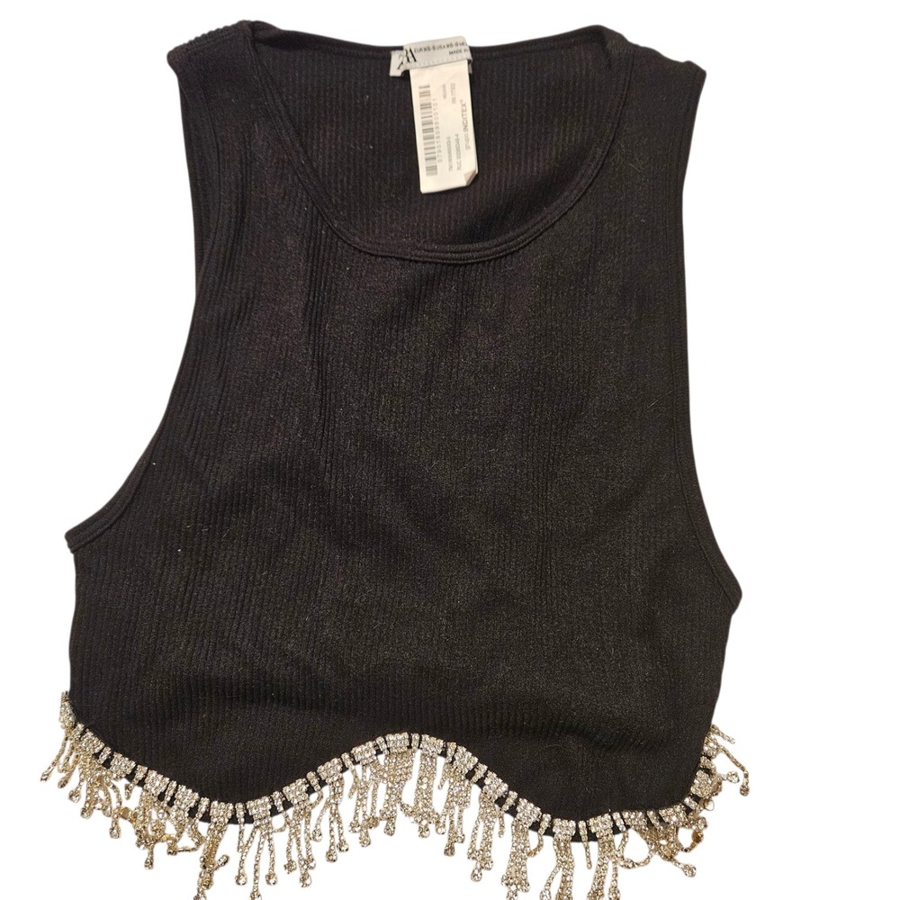 Zara XS/S Black Ribbed Tank Top Rhinestone Fringe Sleeveless Cropped